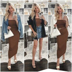 New ALL THE WAYS Gracie Maxi Skirt Set in Dark Camel brown knit sweater bodycon